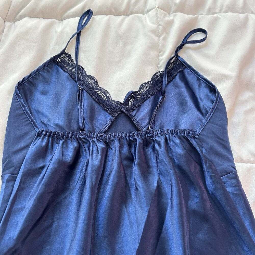 Womens Y2K Retro Blue Maxi Dress Slip Chemise Babydoll L Gown Navy High Slit - Picture 9 of 10
